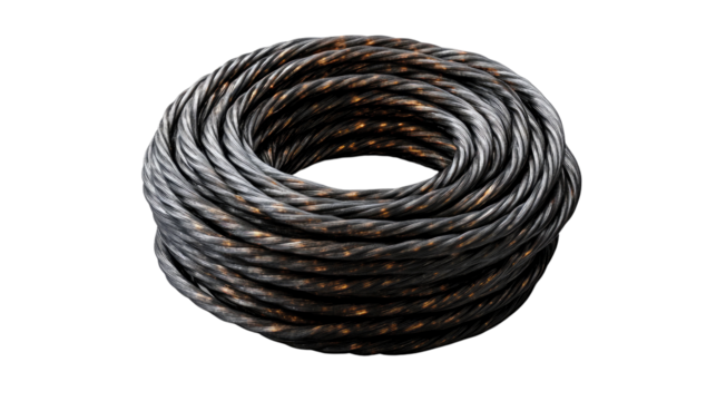 Coiled Metal Cable: An abstract image of a coil of metal cable. revealing an industrial texture and structure. the cool grey tones of the cable add a touch of realism.