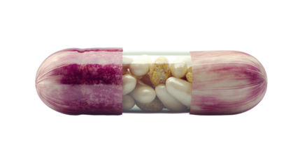 Pills and Medicine: A close-up of a partially open capsule filled with pills, tablets, and granules, symbolizing healthcare, medication, and treatment