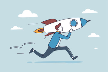 Solopreneur solo entrepreneur, working alone or startup business owner, founder or entrepreneurship, independent developer, freelancer concept, businessman entrepreneur launching company rocket alone.