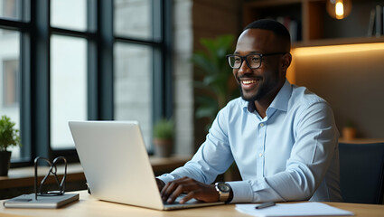 Happy Young African Businessman Smiling During Virtual Meeting at Desk