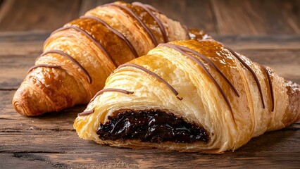 Freshly baked croissants filled with chocolate, drizzled with chocolate icing, resting on a rustic wooden surface. Concept Chocolate Croissants, Rustic Presentation, Baked Delicacies