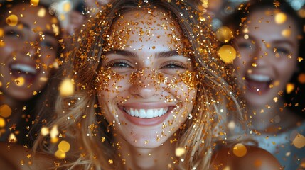 Joyful celebration with friends as golden confetti rains down during a festive gathering at a cheerful venue