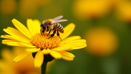 Flat Bee gathers nectar from yellow chrysanthemum flowers in autumn garden showcasing pollination and natures cycle. concept as Bee gathers nectar from yellow chrysanthemum flowers in autumn garden sh