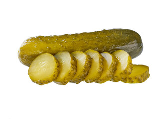whole and chopped pickled cucumbers isolated on a white background.