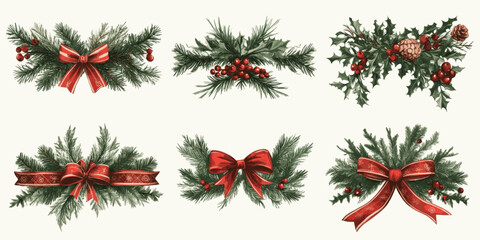 A set of six different types of Christmas tree decorations, including bows and berries. The decorations are all red and green, and they are arranged in a way that creates a festive