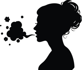 Woman Silhouette Expelling Clouds, Stylish Hairdo, Side Profile, Isolated on White