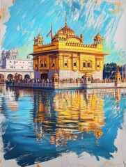Naklejka premium Pastel crayons sketch of Sri Harmandir Sahib, The Golden Temple in Punjab India.