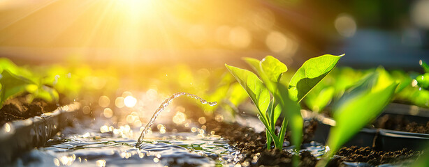 vibrant community garden showcasing water saving irrigation system, with sunlight illuminating green plants and water droplets