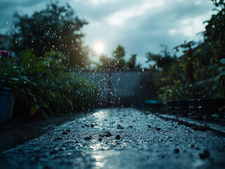 serene garden scene with rain falling on pathway, creating tranquil atmosphere and enhancing lush greenery around