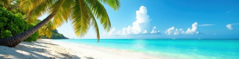 Fototapeta premium Palm trees sway gently on sandy beach with turquoise ocean water, malevolent, flora, tropical
