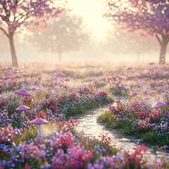 Naklejka premium Enchanted Fairy Forest with Glowing Flowers and Magical Light