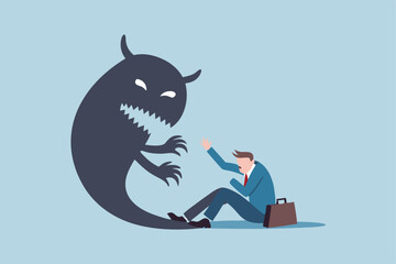 Fear, anxiety or panic attack, afraid of mistake, scared or nightmare suffering, depression or dread, worry or trouble causing distraught concept, fearful businessman afraid of evil monster shadow. © Sector30