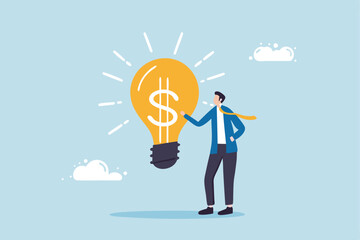 Idea pitching, startup idea or entrepreneurship funding, venture capital meeting, business idea to make money presentation, investment discussion concept, businessman present money idea lightbulb.