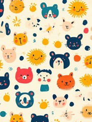 Colorful cartoon pattern featuring cute animals and sunny faces on a light background