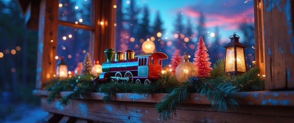 Obraz premium A wooden toy train, Christmas ornaments and lanterns, alongside pine branches on the wooden house window at dusk.
