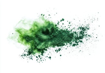 Vivid Green Powder Explosion with Fine Particles and Dust on White Background for Creative and Artistic Uses in Design Projects