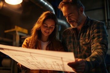 Collaborative discussion over plans in an industrial workspace at night