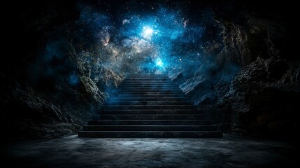 Celestial journey starry steps to the unknown cosmic cave digital art mystical atmosphere wide angle exploration