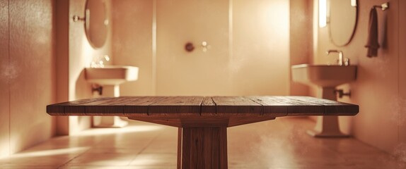 Wooden table with pedestal in blurred bathroom for product presentation.