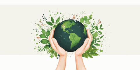 A hand is holding a globe with a green earth and leaves surrounding it. Concept of protecting the environment and the importance of taking care of the planet