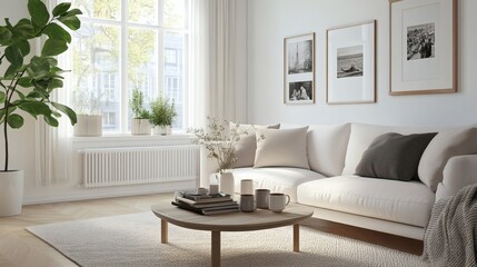 Fototapeta premium A bright Scandinavian-style living room with a minimalist white sofa, light wooden floors, and a soft wool rug. A sleek coffee table holds a stack of well-loved books, a ceramic mug of tea.