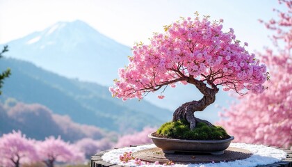 Cherry Blossom Bonsai Tree in Bloom Against Mountain Background  