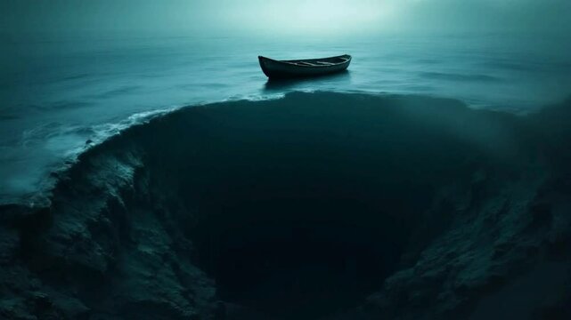 A weathered rowboat bobs on the surface of the deep ocean, hovering above a vast underwater trench. The water below fades into darkness, creating a chilling, mysterious atmosphere as silence reign