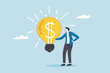 Idea pitching, startup idea or entrepreneurship funding, venture capital meeting, business idea to make money presentation, investment discussion concept, businessman present money idea lightbulb.