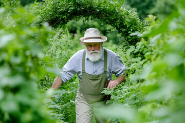 Senior Gardener Exploring Lush Garden Archway