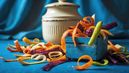 Vegetable peels on a blue background, with a white container in the backdrop. Kitchen scraps in a bin against a blue backdrop, viewed from below. Recycling as a concept, free from waste.