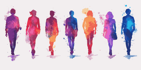 A group of people walking in a line with different colored outfits. Concept of unity and diversity among the group