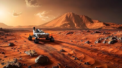 Hyper-realistic explo rusty Martian terrain in a rover, showcasing human-like expression and advanced technology in a journey of discovery
