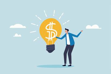 Idea pitching, startup idea or entrepreneurship funding, venture capital meeting, business idea to make money presentation, investment discussion concept, businessman present money idea lightbulb.