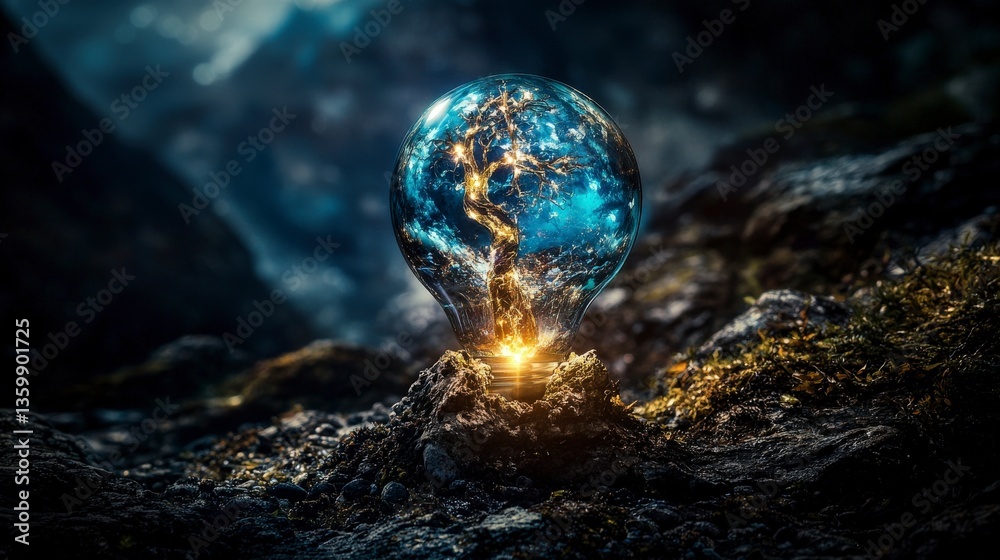 Poster illuminated tree of life within a crystal sphere natural wonder fantasy landscape mystical environme