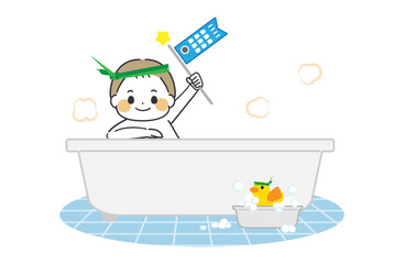 （こどもの日）菖蒲風呂にはいっている男の子の可愛いイラスト