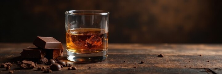 Dark wood bar, whiskey glass, chocolate squares, image, sweetness, spirits