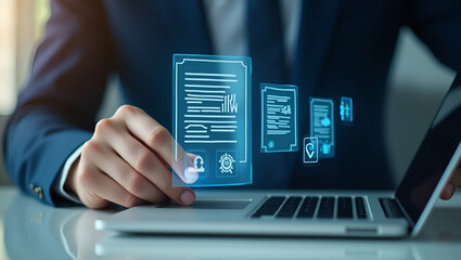 Hand Signing Holographic Employee Evaluation Form on Laptop with HR Icons