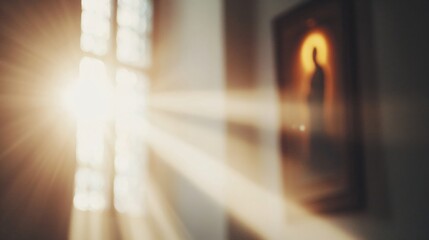 Fototapeta premium Sunlight through cross-shaped window in church with candle. Christian symbol of hope and faith. Easter, Good Friday, or Christmas concept. Religious interior.