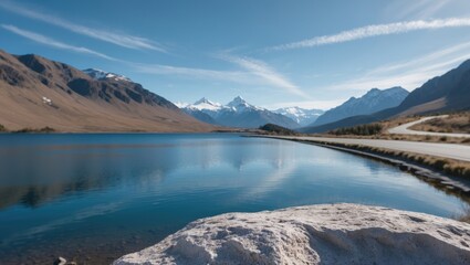 A view of the lake and the adjacent road from a rock, featuring snow-capped mountains in the background.