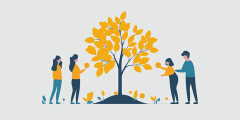 A group of people are holding money and standing around a tree. The tree is surrounded by flowers and leaves. The people are likely participating in a fundraiser or charity event