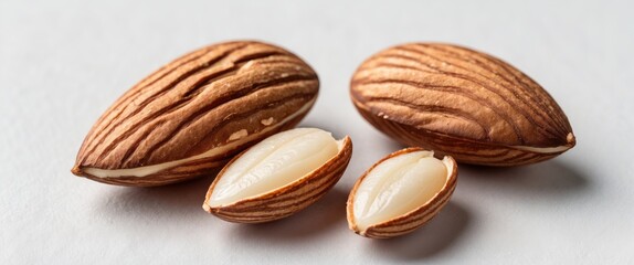 Obraz premium two whole brown almonds that are peeled, one almond half that is broken