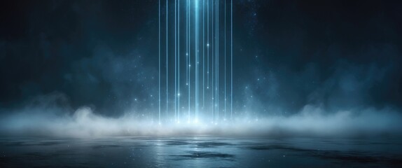 Abstract tech concept featuring luminous lines of light and digital particles against a dark background.