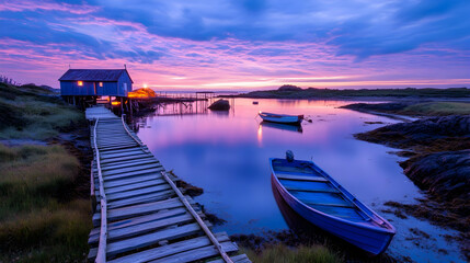 Obraz premium Serene sunset over coastal shack, boats at rest, tranquil waters