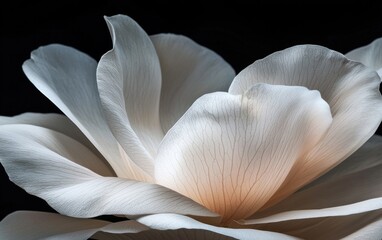 Close-up of a delicate off-white flower petal with subtle peach undertones against a black background. The image features intricate details and textures, showcasing the flower's soft and delicate