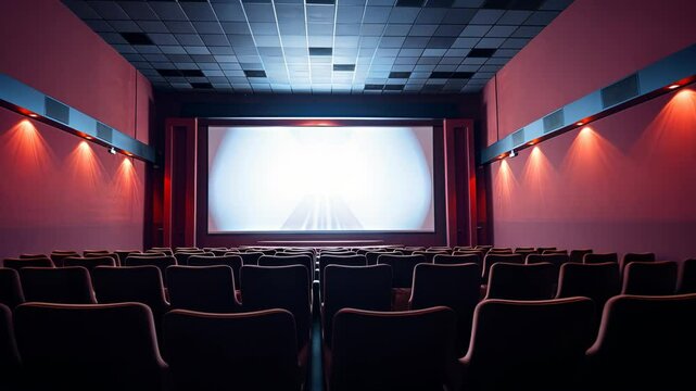 Cinema theater with movie scene on wide screen and empty chairs in the cinema hal