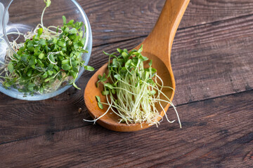 Micro greens, sprouted flax seeds. Young shoots of flaxseed in a wooden spoon on the background of a linen bag with seeds. The concept of super food.