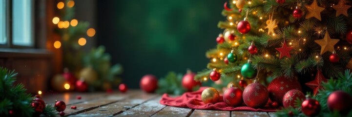 Red and green festive decorations surrounding a beautifully decorated Christmas tree,  Garland,  Decorations