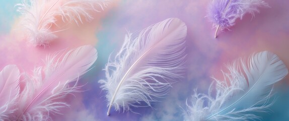 Fototapeta premium Abstract rainbow feather patchwork background. Closeup of a white fluffy feather beneath a colorful pastel neon mist. Fashion Color Trends.