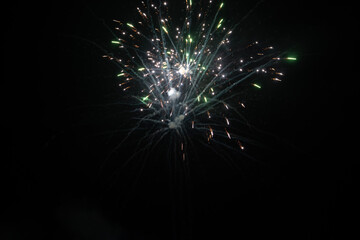 Obraz premium Firework. Colorful festive fireworks, standing out against the black sky. A shot of a bright fireworks explosion. Explosion. Firework. An overlay. new year. christmas, independence day, birthday, holi