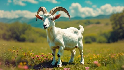 Fototapeta premium White goat upright on two legs